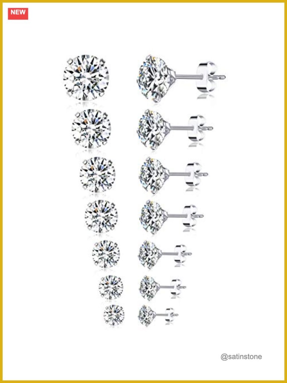 Stainless Steel CZ Stud Earrings Set 7 Pairs Cubic Zirconia